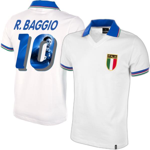 COPA Football - Italy Away Retro Football Shirt WC 1982 + R. Baggio 10 (Photo Style)